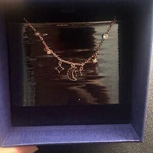 Swarovski- Moon and star, Black, Rose gold-tone plated necklace